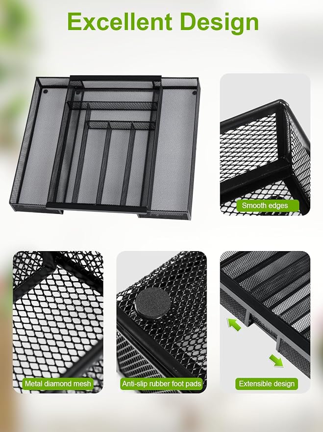 Sedegn Silverware Organizer Metal Mesh, Large Drawer Organizer, Utensil Cutlery Tray for kitchen drawers, Expandable Flatware Organizer with 8 Compartment Black 11.6"~20" x 17.3"