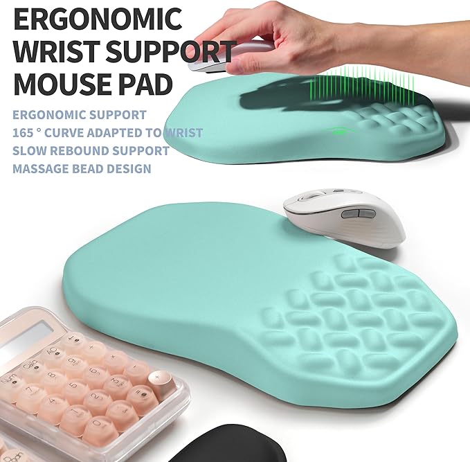 Gleamtide 2-in-1 Ergonomic Set, Wave Keyboard Wrist Rest and Massage Slope Mouse Pad Wrist Support, Rebound Memory Foam for Relieve Carpal Tunnel Syndrome and Wrist Pain (Light Blue)