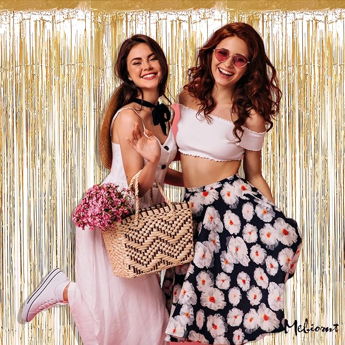 4 Pack Champagne Gold Fringe Curtain Backdrop, 3.2Ft x 8.2Ft Metallic Tinsel Foil Fringe Streamers Background for Photo Booth Birthday Wedding Baby Shower Carnival Easter Mother’s Day Party Decoration
