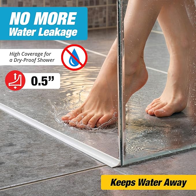 Shower Threshold Water Dam Barrier 98" - White Collapsible Walk in Shower Water Guard - Door Bottom Seal Strip Leak Guard by Hippo Dam