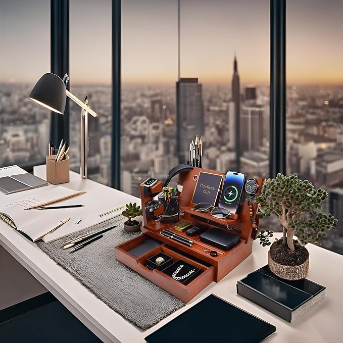Nightstand Organizer for Men with Large Drawer, Birthday Gifts for Men, Phone Docking Station, Bedside Organizer for Nightstand for Apple Watch, Laptop (Walnut, Solid Wood)