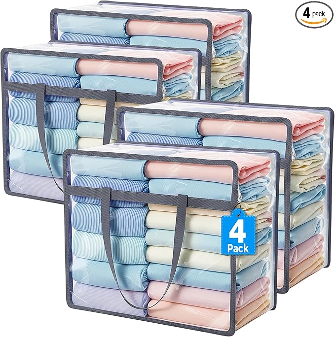 Budding Joy Clear Zippered Storage Bags for Clothes, 40L Closet Organizers and Storage Containers Vinyl Moving Bag for Bedding, Linen, Blankets, Comforters, Clothing & Toys, Grey, 4 Pack