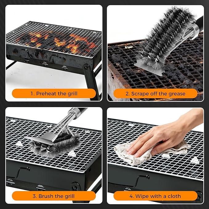 18'' BBQ Grill Cleaning Brush Scraper, 3 in 1 Barbecue Woven Wire Brush for Grill, Stainless Grill Grate Cleaner, for Weber Gas, Charcoal, Electrical, Infrared