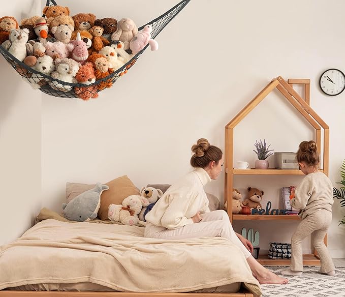 Stuffed Animal Storage Hammock Net Corner - Large Toy Hammock Net for Stuffed Animals Room Decor - Cute Stuff Animal Organizer Holder for Plush Plushie - Kids Baby Nursery Wall Bedroom Home Decor