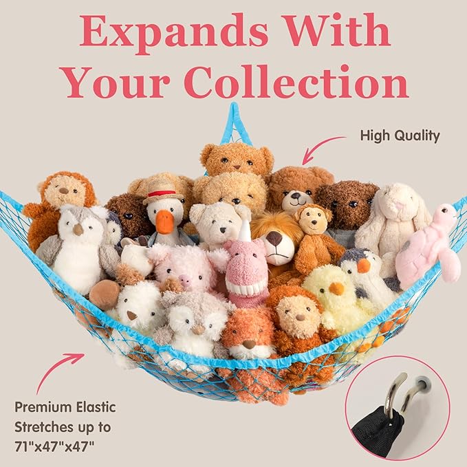 Stuffed Animal Storage Hammock Net Corner - Large Toy Hammock Net for Stuffed Animals Room Decor - Cute Stuff Animal Organizer Holder for Plush Plushie - Kids Baby Nursery Wall Bedroom Home Decor