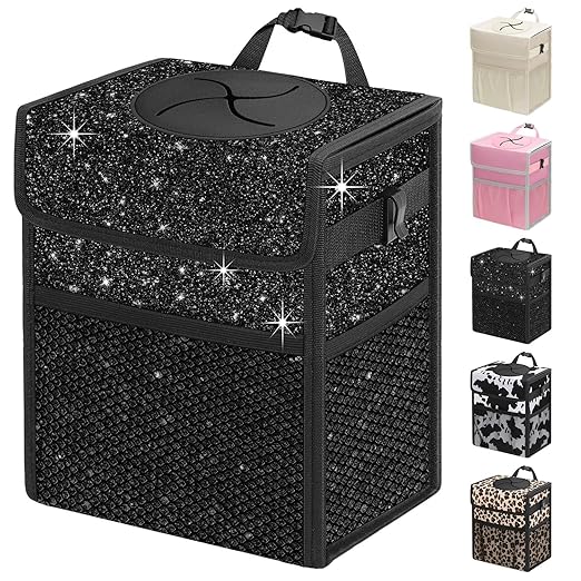 Capolo Car Trash Can with Lid, Leakproof Car Trash Bag Hanging Waterproof Automotive Garbage Can with Storage Pockets Mini Vehicle Trash Bin for Back/Front Seat (Sparkly Black, 3 Gallon)