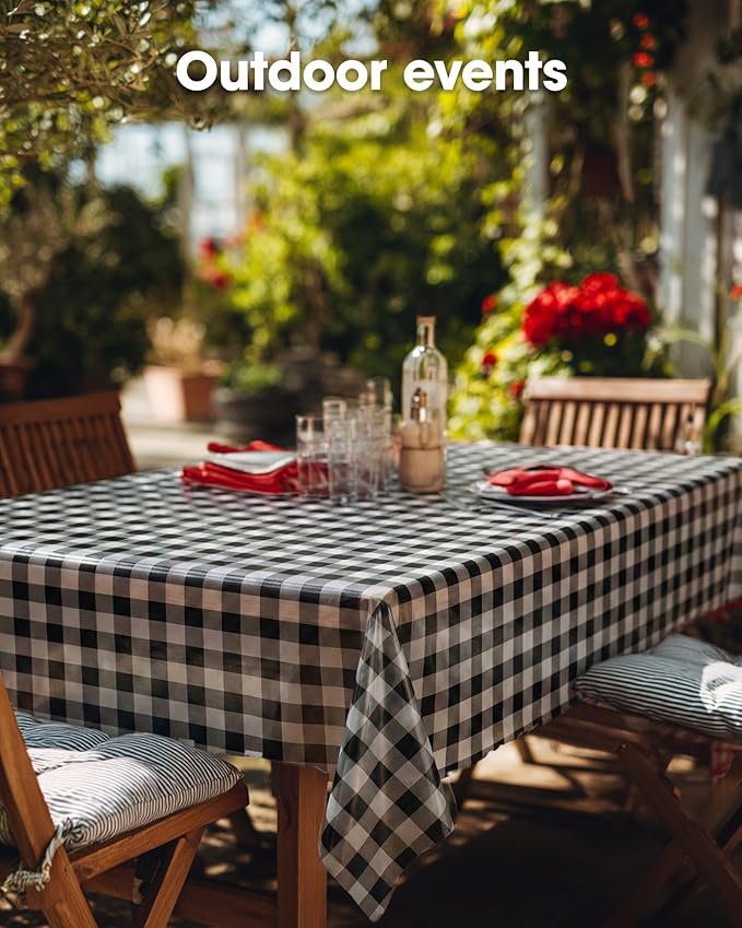 Pureegg Plastic Table Cloth Disposable 10 Pack, 54 x 108 Inch Table Cloths, Party, Picnic, Decorative Gingham Tablecloths, Rectangle, Black and White Checkered Cover, Leakproof & Sturdy, Black Plaid