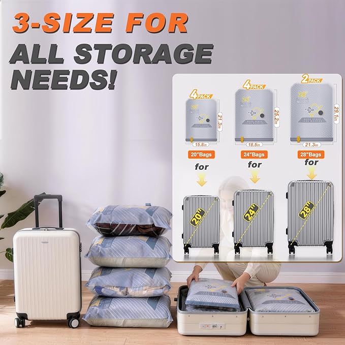 10-Pack Travel Vacuum Bags with Wireless Rechargeable Pump, Carry-on Size Compression Packing Bags for Luggage & Suitcase, Space Saver for Clothes & Clothing, 10 Combo Travel Size, Fast 3S Vacuum