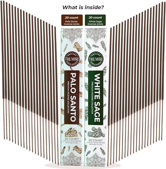 Trumiri Incense Sticks - Combo Pack of 40 Insence-Sticks - 20 Palo Santo + 20 White Sage - Cleansing Insense - Insents - Incents - Inscense - Incence - Incienso - All Natural Non Toxic Incense Sticks