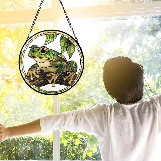 Stained Glass Window Hanging, Frog Green Leaf Sun Catchers Colorful Glass Panel Cool Suncatcher Decor for Birthday for Women, Men, Wife, Aunt, and Mom 11.8x11.8 in
