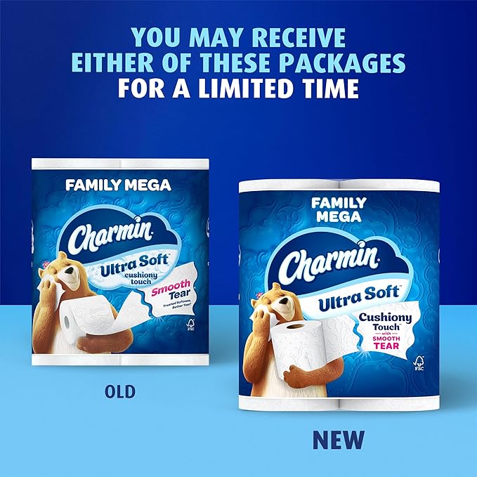 Charmin Ultra Soft Cushiony Touch 2-Ply Toilet Paper, 18 Family Mega Rolls = 90 Regular Rolls, White