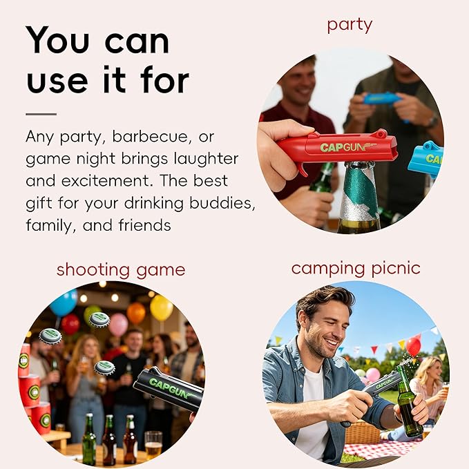 Cap Gun Bottle Opener, 4 Pack Bottle Cap Launcher Shooting Guns, Ultimate Party Opener Set for Adults, Cool Gadget Gifts for Men