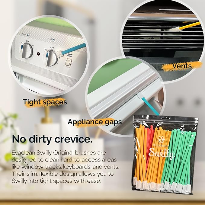 Evaclean Swilly Original Disposable Crevice Brushes - 100 Pack - Versatile Cleaning Tool for Tight Spaces, Window Tracks, Keyboards, Car Vents, and Household Use (Red)