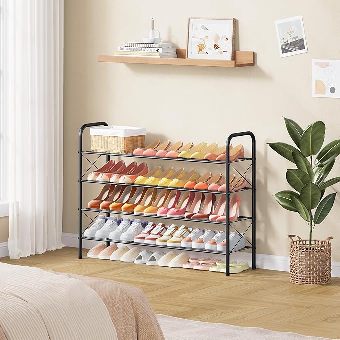 Hoctieon 4 Tier Mesh Style Shoe Rack, Entryway Shoe Shelf, Shoe Storage Organizer, Shoe Rack for Closet, Space Saver for Bathroom, Garage, Hallway, Bedroom, Living Room, Black