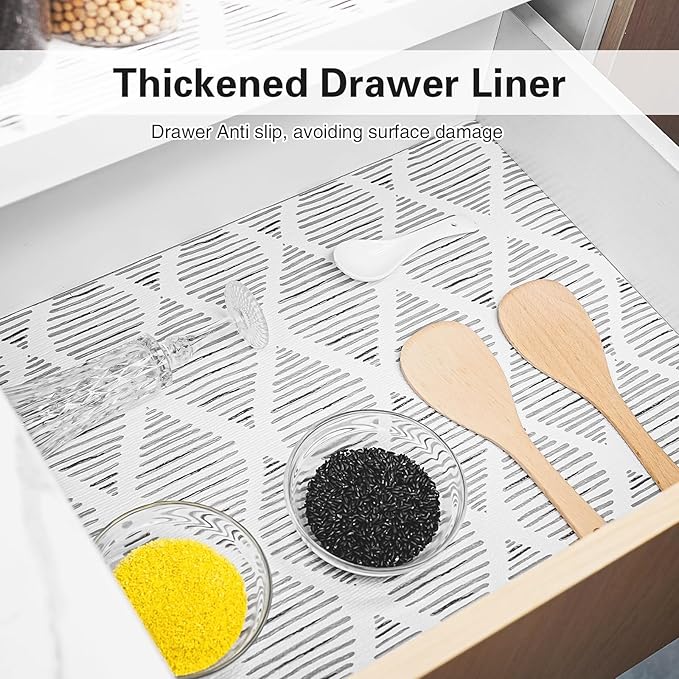 Drawer and Shelf Liner for Kitchen Cabinet,Non-Adhesive Cabinet Liner 24in x 20FT,Waterproof Shelf Paper Non-Slip Mats Cupboard Liners Contact Protect Dresser/Shelves/Table-Square Stripes