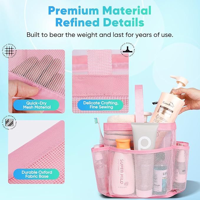 EUDELE 2 Pack Mesh Shower Caddy Portable for College Dorm Room Essentials, Shower Caddy Dorm with 8-Pocket Large Capacity,Shower Bag for Beach,Swimming,Gym All Black+All Pink