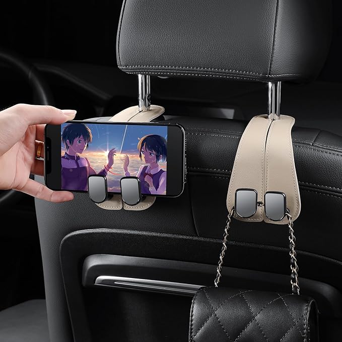 2-Pack KAFANLIN Car Headrest Hooks for Purses and Bags, Cute Leather Car Seat Back Headrest Double Hooks for Bags, Cute Pink Beige Car Accessories Headrest Back Seat Handbags Hook (Pink 2-Pack)