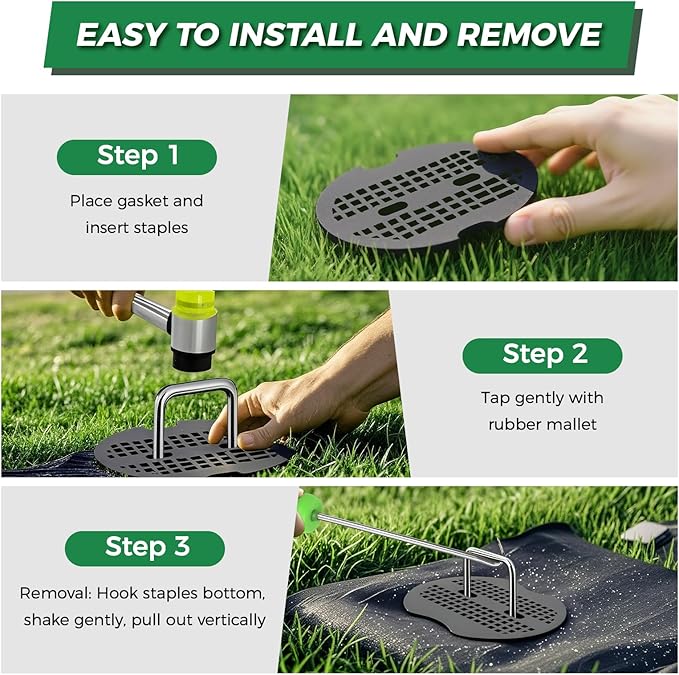 6 Inch Landscape Fabric Staples, 150Pcs Garden Stakes Galvanized +150Pcs Gasket +Pick Hook +Rubber Mallet, U Shaped Weed Barrier Stakes 11 Gauge Lawn Staples Landscape Pins for Yard, Sod, Weed Mat