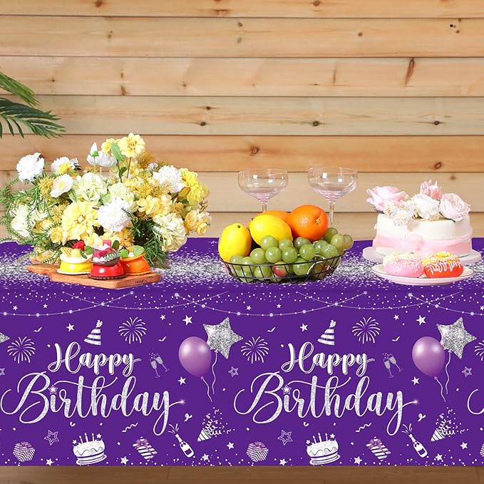 Tudomro 3 Pcs Happy Birthday Tablecloths Happy Birthday Party Decorations Plastic Table Cover Rectangular Cloths for Women Men Baby Shower Party Supplies, 108 x 54 Inch (Purple Silver)