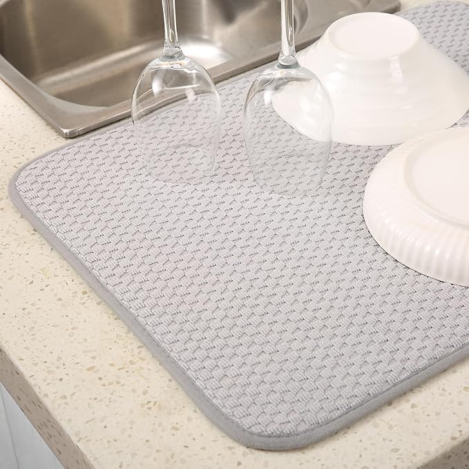 VESHE 2 Pack Microfiber Dish Drying Mat for Kitchen Counter, Ultra Absorbent Dish Drainer Mat, Dish Drying Pad, Dish Rack Mat 20×15 Inch (Silver Gray)