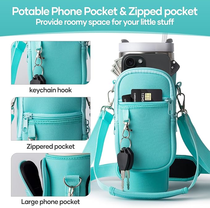 linmaya Water Bottle Carrier Bag for Stanley Cup 40/30oz with Phone Holder Pockets, Neoprene Water Bottle Cross-body Bag with Adjustable Shoulder & Hand Strap Stanley Cup Accessories