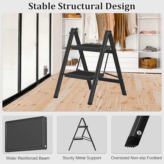2 Step Ladder, Folding Step Stool with Anti-Slip Wide Pedal, Anti-Slip Feet, Sturdiest Steel Construction, Steel Ladder for Home and Office, Black