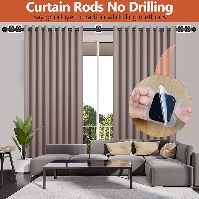 Curtain Rods No Drilling for Windows, 5/8 Inch Diameter Drapey Pole with No Drill Curtain Rod Brackets (2PCS Black, 48 to 84")