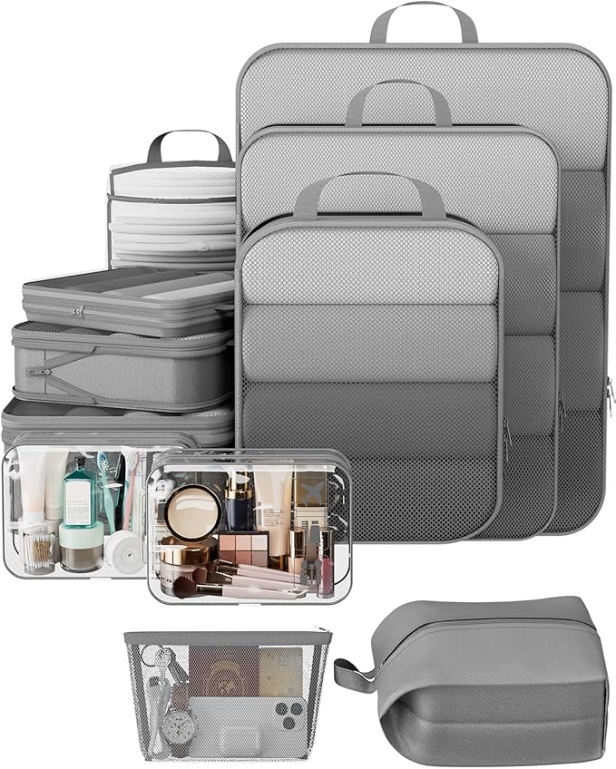 Veken 11 Set Compression Packing Cubes for Travel Essentials, Compressible Expandable Large Luggage Suitcase Organizer Bags for Clothing, Durable Space Saver Storage Bags with Toiletry Bags (Gray)