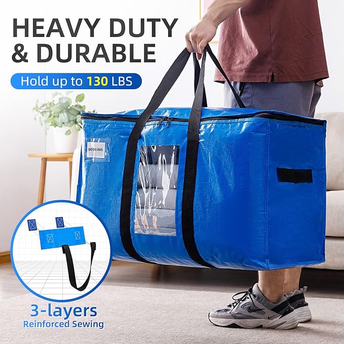 TAILI Extra Large Moving Bags, 4 Pack Blue Heavy Duty Totes For Storage with Visible Window, Wrap Around Handles, Storage Bags for Space Saving, Alternative to Moving Boxes