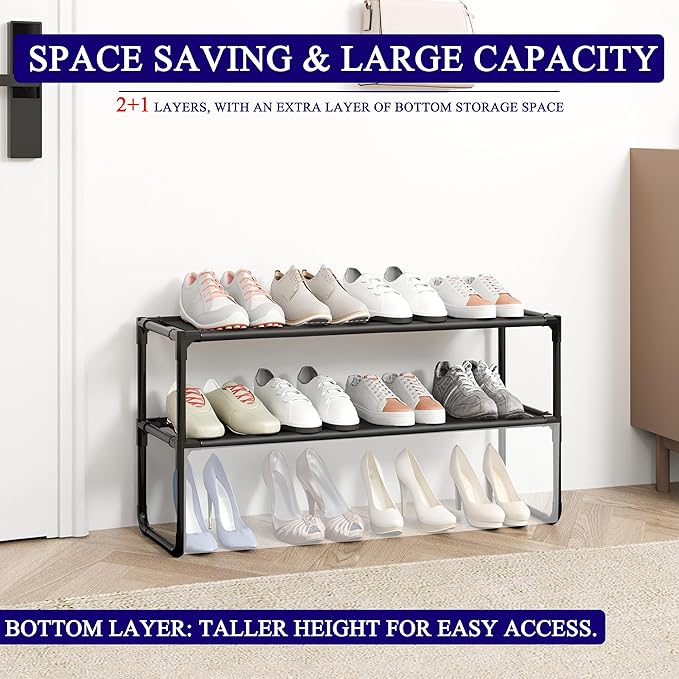 Long Shoe Rack, 2-Tier Stackable Shoe Organizer for Closet, Entryway, Hallway, Extra Bottom Layer, Holds 12-15 Pairs, Sturdy & Durable Waterproof Fabric Shelf, Space-Saving,Black(35.8" Wide)
