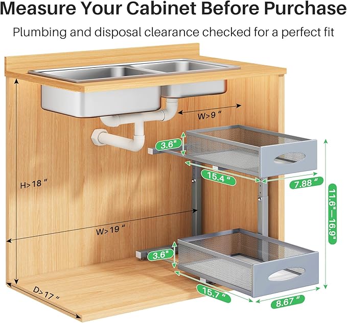 2 Pack Under Sink Organizer, 2 Tier Pull-Out Cabinet Organizer Mesh Baskets with 5 Adjustable Heights, Sliding Drawers Storage Shelf for Home, Kitchen, Bathroom, Pantry, Office, Countertop, Grey