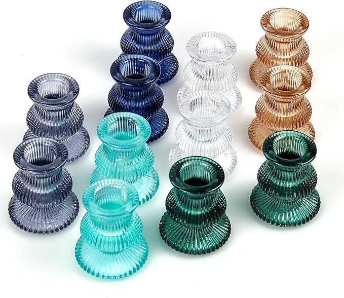 WDHODEC Christmas Taper Candle Holders 12PCS Glass Candlestick Holders for Table Centerpiece Colorful Candle Sticks for Wedding, Party and Winter Decoration(Blue&Green)