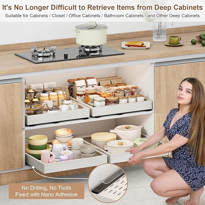 2Pc Pull Out Cabinet Organizer, Width (16"-21") and Depth (13"-17"), Expandable With 3 Rails, Cabinet Roll Out Drawers, Adjustable Slide Out Shelves for Kitchen and Pantry, for Cabinets Without Lip, White