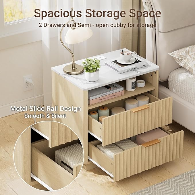Large Fluted Nightstand Set of 2 with Charging Station, 23" Modern End Table with Faux Marble Top, 2 Drawers Side Table with Storage for Bedroom Living Room, Curved Profile (Natural Oak)