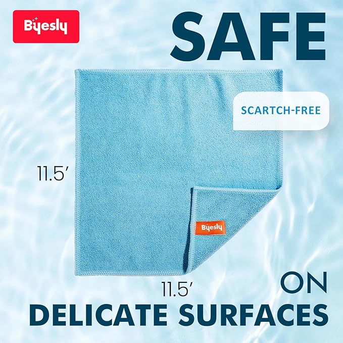 Byesly 12-Pack Microfiber Cleaning Cloth, 11.5x11.5 Microfiber Towels for Cars, Dishes & House, for Detailers, Chefs & Efficient Home | Scratch-Free, Lint-Free, Ultra Absorbent(Yellow/White/Blue)