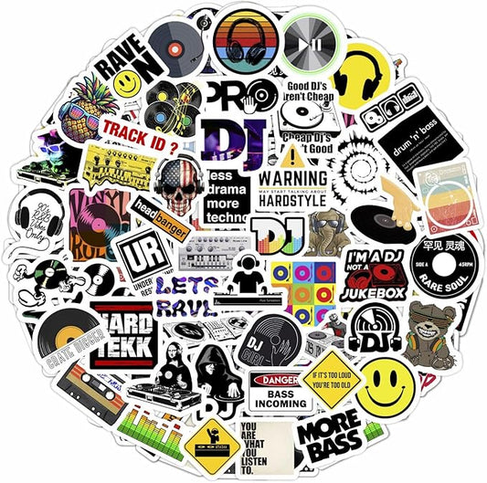 BulbaCraft 100Pcs DJ Stickers for Water Bottle and Laptop - DJ Party Favors & Decorations, Waterproof Vinyl Decals, Music and Turntable Stickers, Gifts for Women & Men