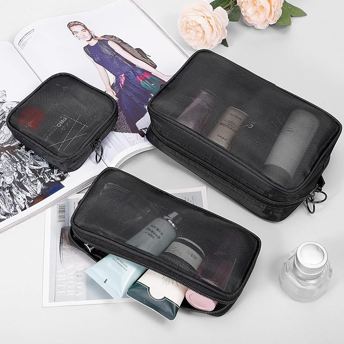 5 Pieces Mini Zipper Nylon Mesh Pouch, Mesh Cosmetic Bags Makeup Bags, Multipurpose Travel Toiletry Bags for Office Supplies and Travel Accessories (Blue, Assorted Sizes)