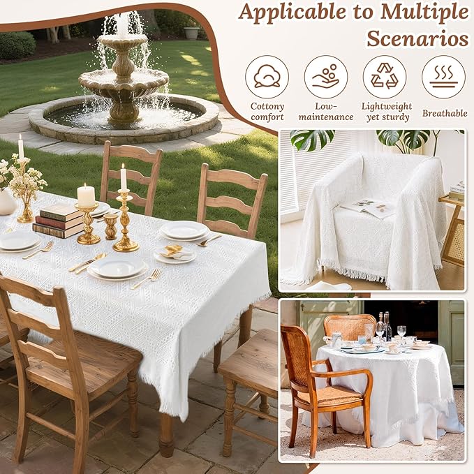 91 x 71 Extra Large White Outdoor Picnic Blanket, Woven Cotton Yarn Oversize Portable Blanket with Fringe for Camping, Lawn or Wedding Photoshoot. Indoor Bohemia Decorations, Machine Washable