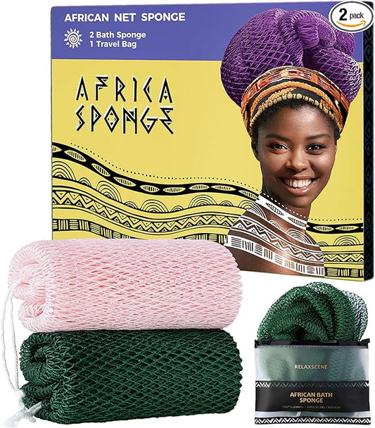 Afro Scrubber African Net Sponge - 2 Pieces Authentic African Wash Cloths - Exfoliating Body Sponges for Showering Forest & BabyPink - Back Scrub Exfoliator Shower Loofah for Body Bath Accessories