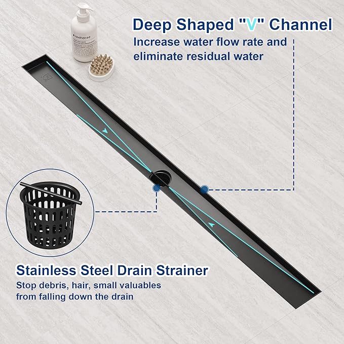 Neodrain 32-Inch Linear Shower Drain,with 2-in-1 Flat & Tile Insert Shiny Black Cover, Rectangle Shower Floor Drain, Floor Shower Drain with Adjustable Leveling Feet, Hair Strainer