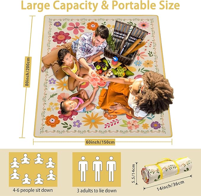Extra Large Picnic Blankets Waterproof Foldable (60 "x 80") Beach Blanket Waterproof Sandproof,3-Layer Thicking Mat Outdoor Packable Camping Blanket