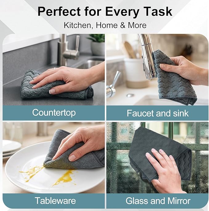 Microfiber Dual-Sided Cleaning Cloths, 6 Pack 12 x 12 Inch Reusable Dish & Cleaning Towels, Soft & Textured All-Purpose Cleaning Rags for Kitchen, Home & Car, Reusable Rags, Grey