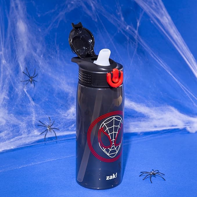 Zak Designs Marvel Spider-Man Sage Water Bottle For School or Travel, 25oz Durable Plastic Water Bottle With Straw, Handle, and Leak-Proof, Pop-Up Spout Cover (Miles Morales)