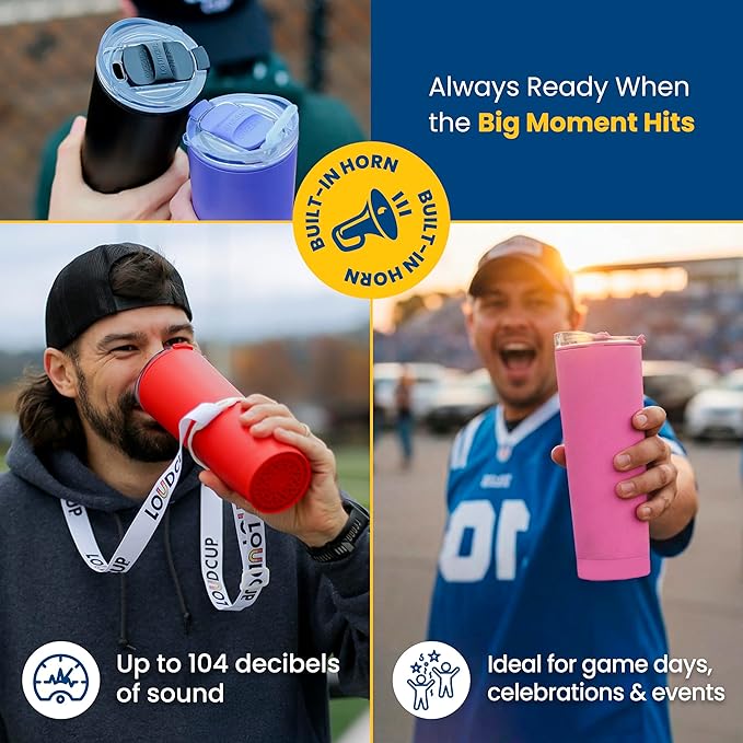 The LoudCup Blow Horn Tumbler, Cheer & Sip 2-in-1 Reusable Water Bottle with Built-In Horn for Sports Games, Tailgates, Parties & Events, BPA-Free