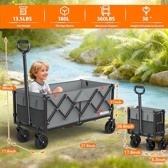 35" L Extra Long Wagons Carts Foldable, 360LBS Heavy Duty Collapsible Wagon with Wheels, Folding Wagon Portable Utility Cart for Groceries, Shopping, Camping, Sports