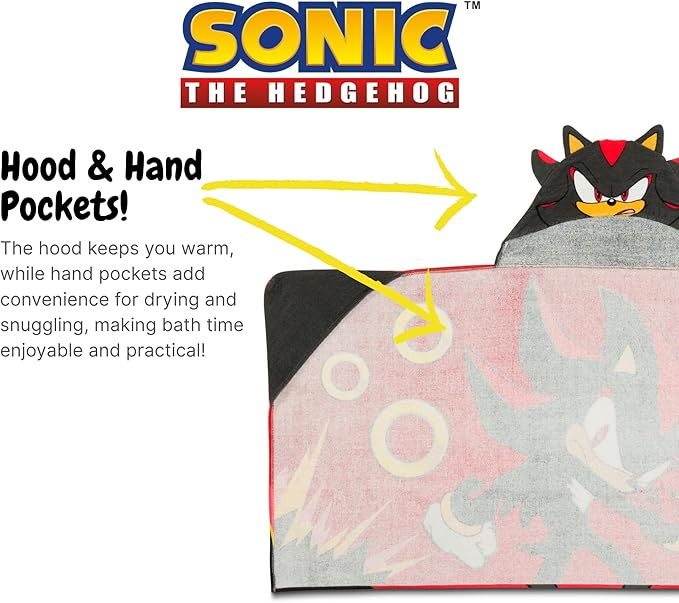 Sonic Shadow The Hedgehog Anime Kids Super Soft Bath/Pool/Beach Soft Cotton Terry Hooded Towel Wrap, 24 in x 50 in, Mario & Luigi, (100% Officially Licensed Product) By Franco
