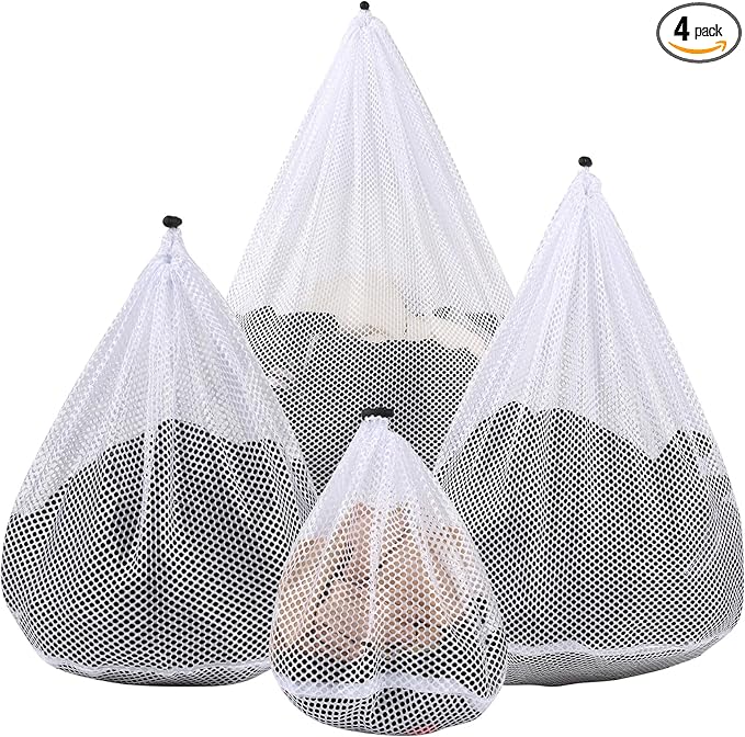 4Pcs Mesh Laundry Bags Washing Machine Mesh Wash Bags for Clothes, Underwear, Lingerie, Bed Linen with Drawstring Closure Sturdy (4 Size)