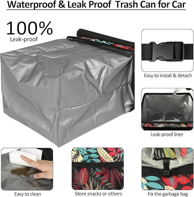 ELONGRIVER Car Trash Can Bin for Back Seat Leak Proof, Cute Car Trash Bag Hanging, Vehicle Trash Can for SUV Truck Van, Automotive Garbage Cans Front Seat Red Leaves