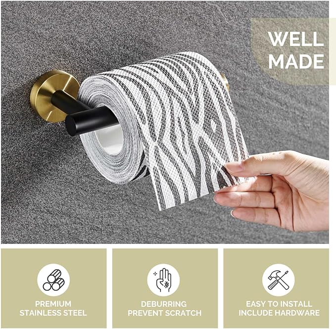 Toilet Paper Holder Black & Gold, Angle Simple Stainless Steel Bathroom Tissue Hanger, Lavatory Paper Roll Dispenser Wall Mount