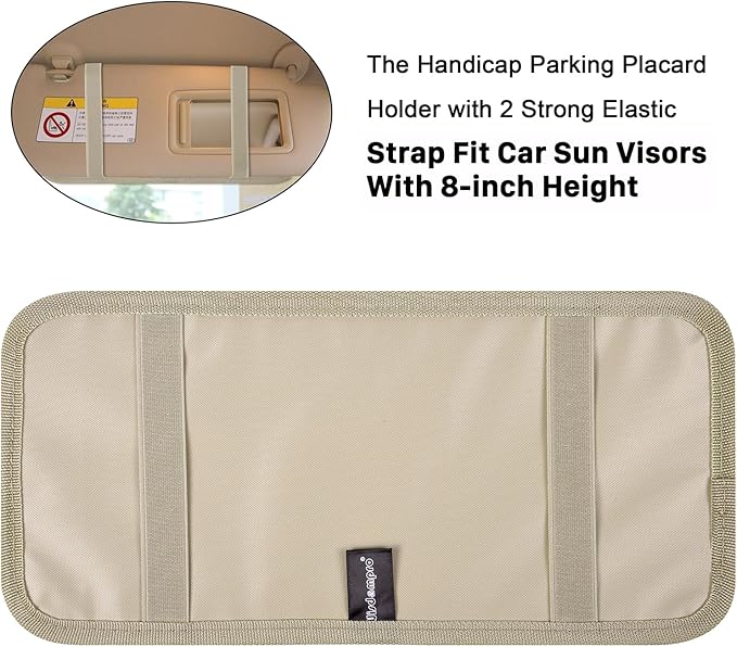 Handicap Placard Holder for Auto, Wisdompro Disabled Parking Permit Sign Protector for Car Sun Visor with Note Paper Slot, Pen Holder and Elastic Strap - Khaki